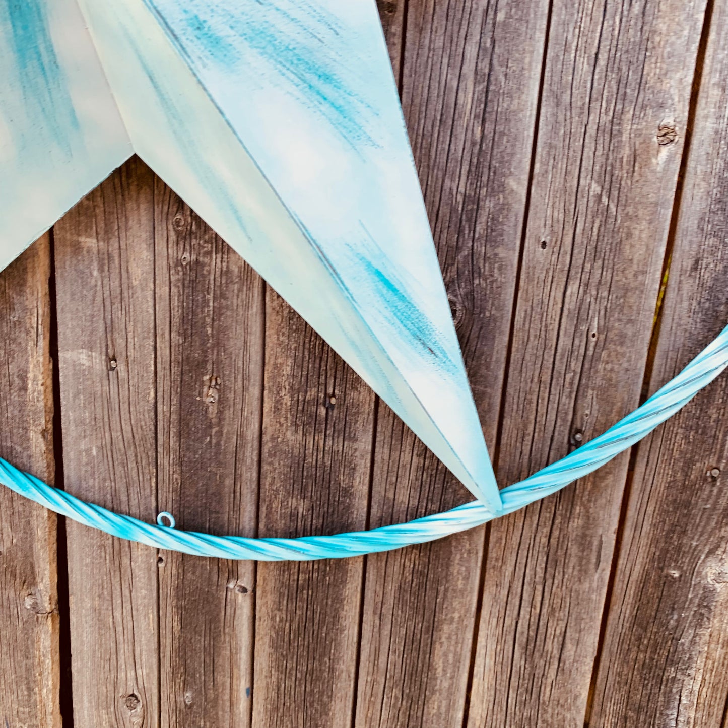 #EH11219 TURQUOISE WHITE DISTRESSED STAR TWO TONE TEXTURE BARN STAR METAL LONESTAR TWISTED ROPE RING WESTERN HOME DECOR HANDMADE NEW