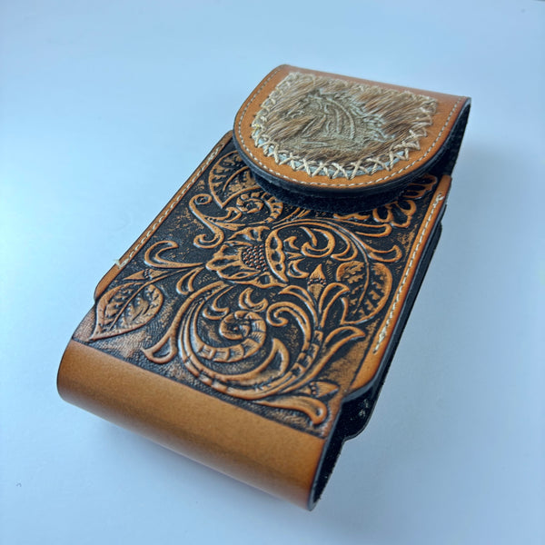 7" HORSE LEATHER HOLSTER TAN POUCH EXTRA LARGE  BELT LOOP CELL PHONE CASE UNIVERSAL OVERSIZE