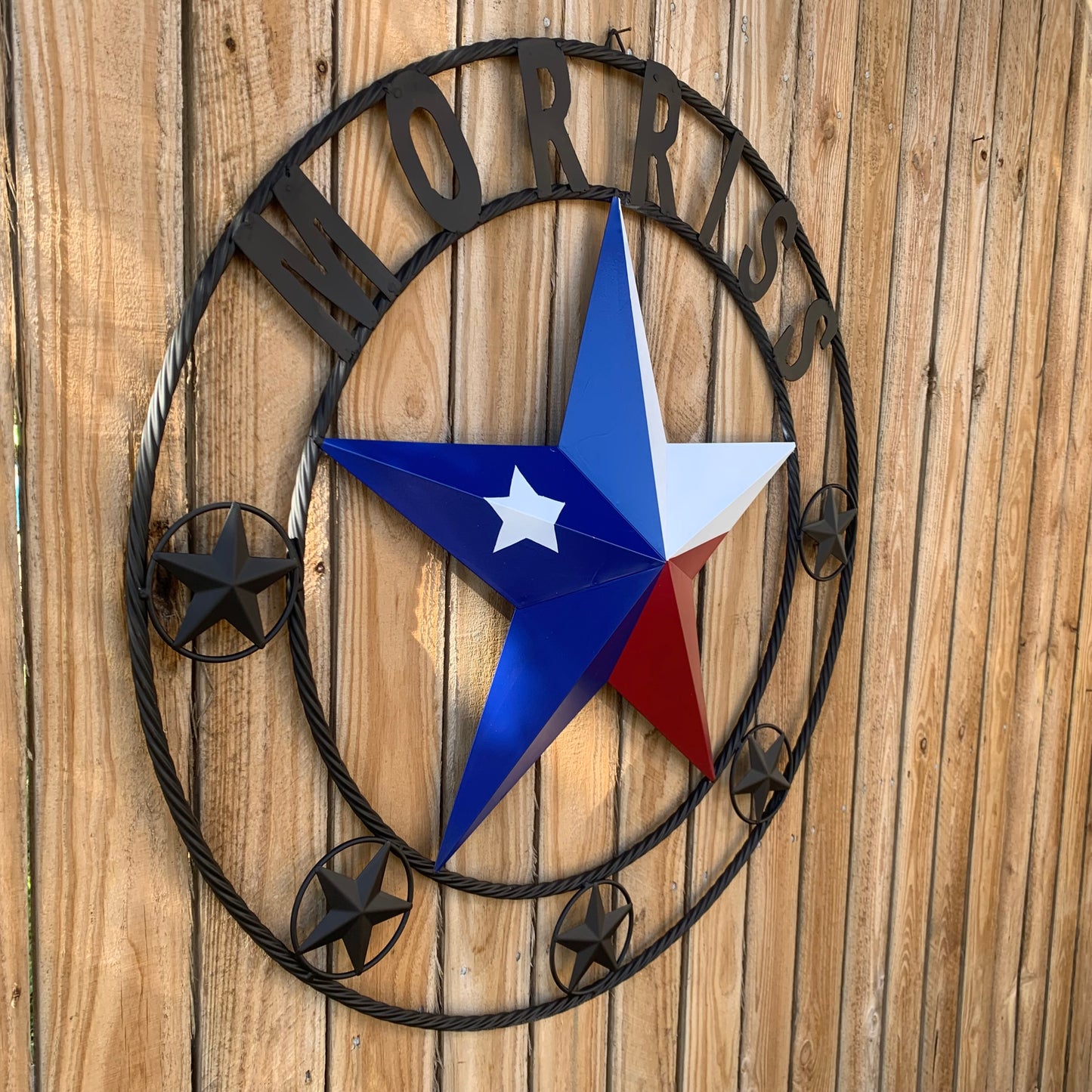 MORRISS TEXAS FLAG STYLE CUSTOM NAME STAR TWISTED ROPE BLACK RING WESTERN HOME DECOR HANDMADE