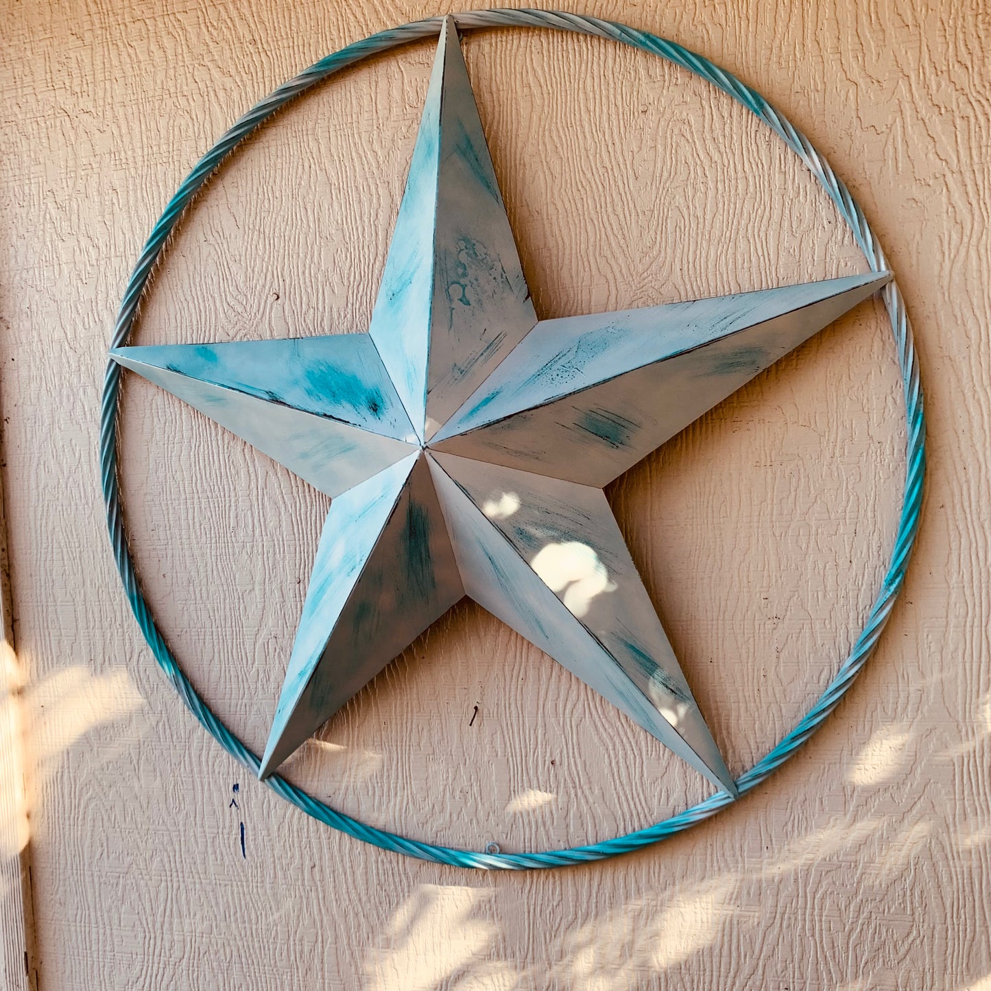 #EH11219 TURQUOISE WHITE DISTRESSED STAR TWO TONE TEXTURE BARN STAR METAL LONESTAR TWISTED ROPE RING WESTERN HOME DECOR HANDMADE NEW