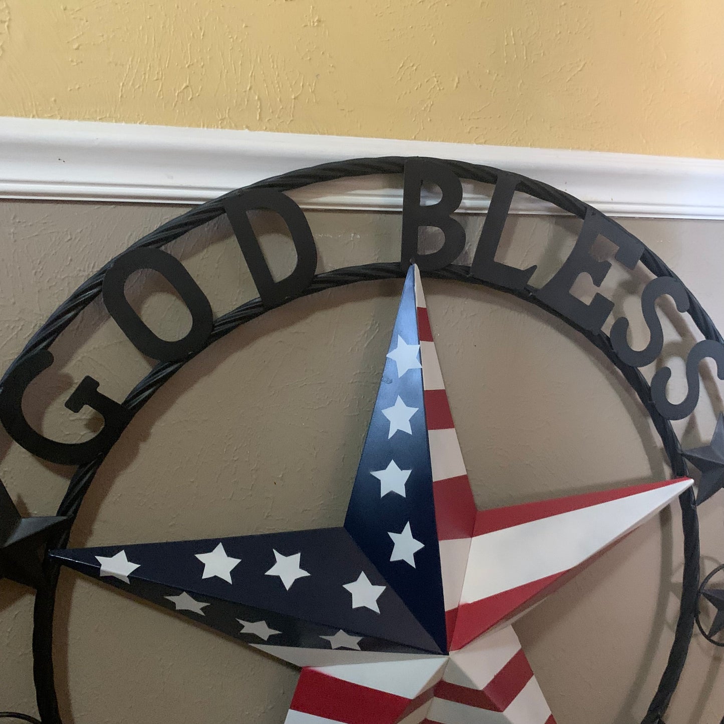 GOD BLESS AMERICA USA FLAG 3d STAR METAL BARN STAR BLACK TWISTED ROPE RING WALL ART WESTERN HOME DECOR RED WHITE & BLUE HANDMADE NEW #EH10490