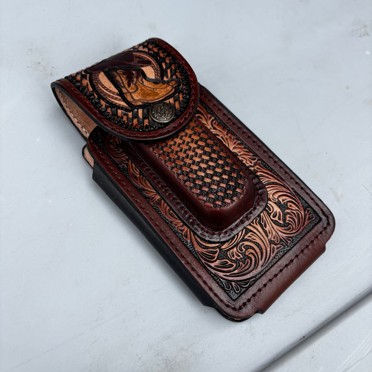 COWBOY BOOT HAT ROPING LEATHER HOLSTER 7" PHONE POUCH WITH KNIFE HOLDER FRONT EXTRA LARGE  BELT LOOP CELL PHONE CASE UNIVERSAL OVERSIZE MADE IN MEXICO #EH13862