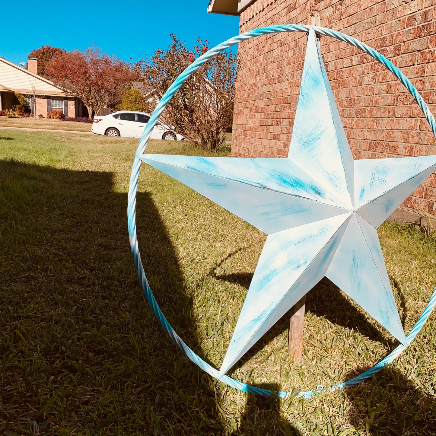 #EH11219 TURQUOISE WHITE DISTRESSED STAR TWO TONE TEXTURE BARN STAR METAL LONESTAR TWISTED ROPE RING WESTERN HOME DECOR HANDMADE NEW