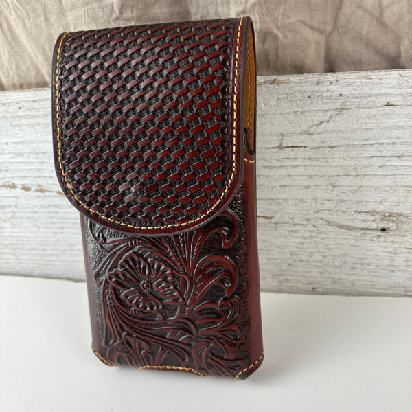 7" PLAIN FLORAL LEATHER HOLSTER BROWN STAR POUCH EXTRA LARGE  BELT LOOP CELL PHONE CASE UNIVERSAL OVERSIZE