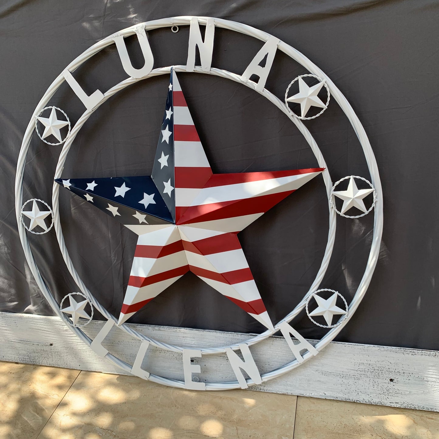 LUNA STYLE CUSTOM NAME BARN STAR METAL STAR 3d TWISTED ROPE RING WESTERN HOME DECOR USA FLAG STAR RED WHOTE & BLUE WITH WHITE RING HANDMADE 24",32",36",50"