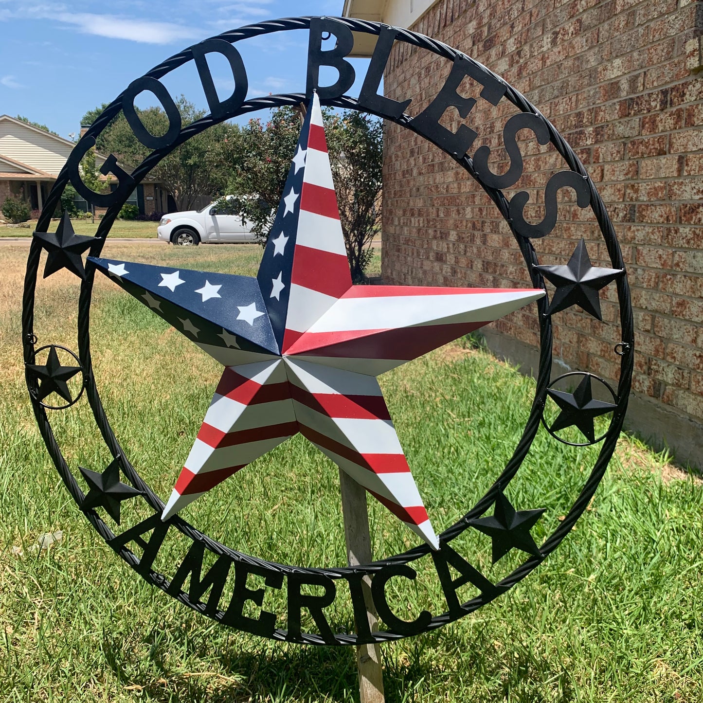 GOD BLESS AMERICA USA FLAG 3d STAR METAL BARN STAR BLACK TWISTED ROPE RING WALL ART WESTERN HOME DECOR RED WHITE & BLUE HANDMADE NEW #EH10490