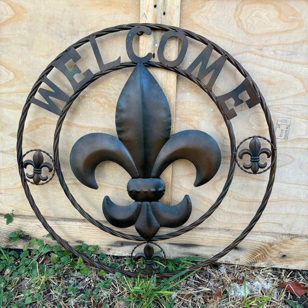 24" WELCOME FLEUR DE LIS METAL WALL ART WESTERN HOME DECOR BROWN NEW #EH11997