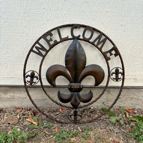 24" WELCOME FLEUR DE LIS METAL WALL ART WESTERN HOME DECOR BROWN NEW #EH11997