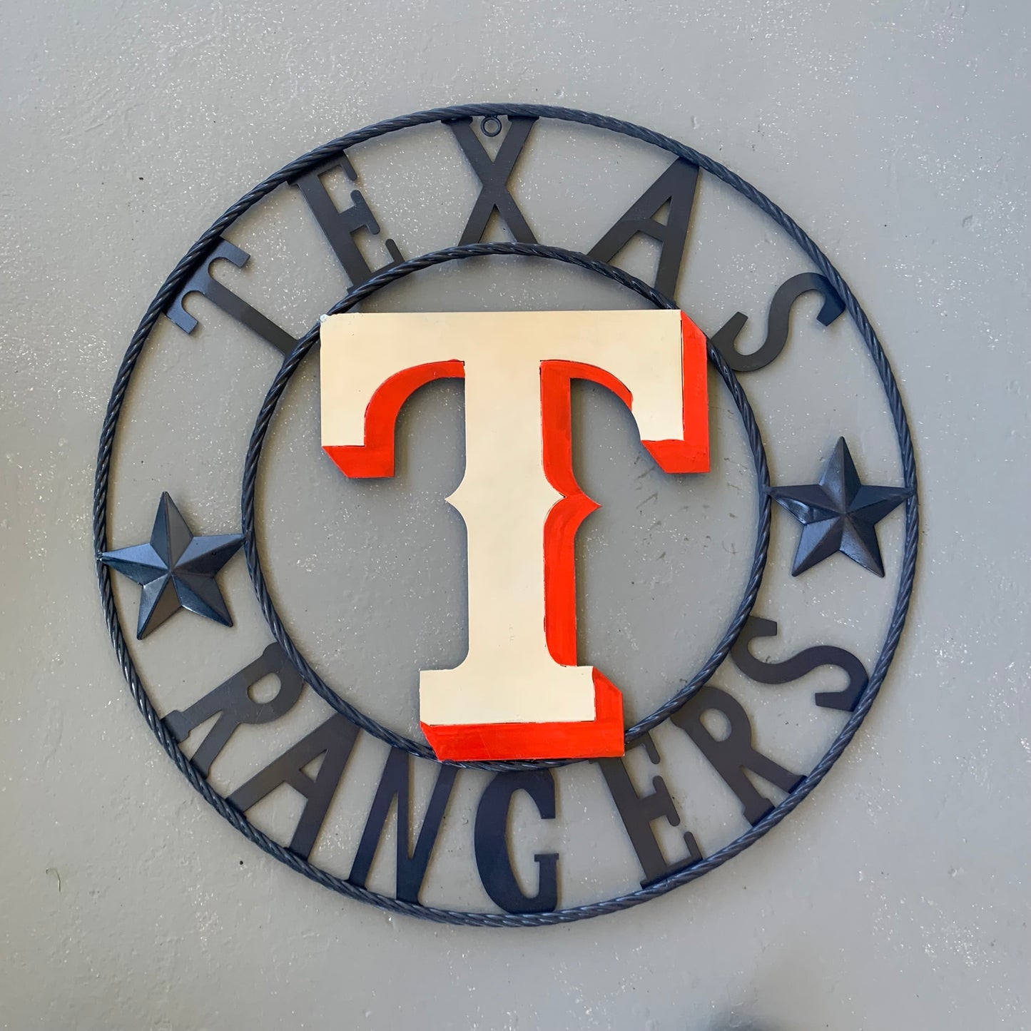 12", 18", 24", 32" TEXAS RANGERS BARN CUSTOM METAL VINTAGE CRAFT SIGN TEAM  WHITE & RED & NAVY BLUE RING & STAR HANDMADE