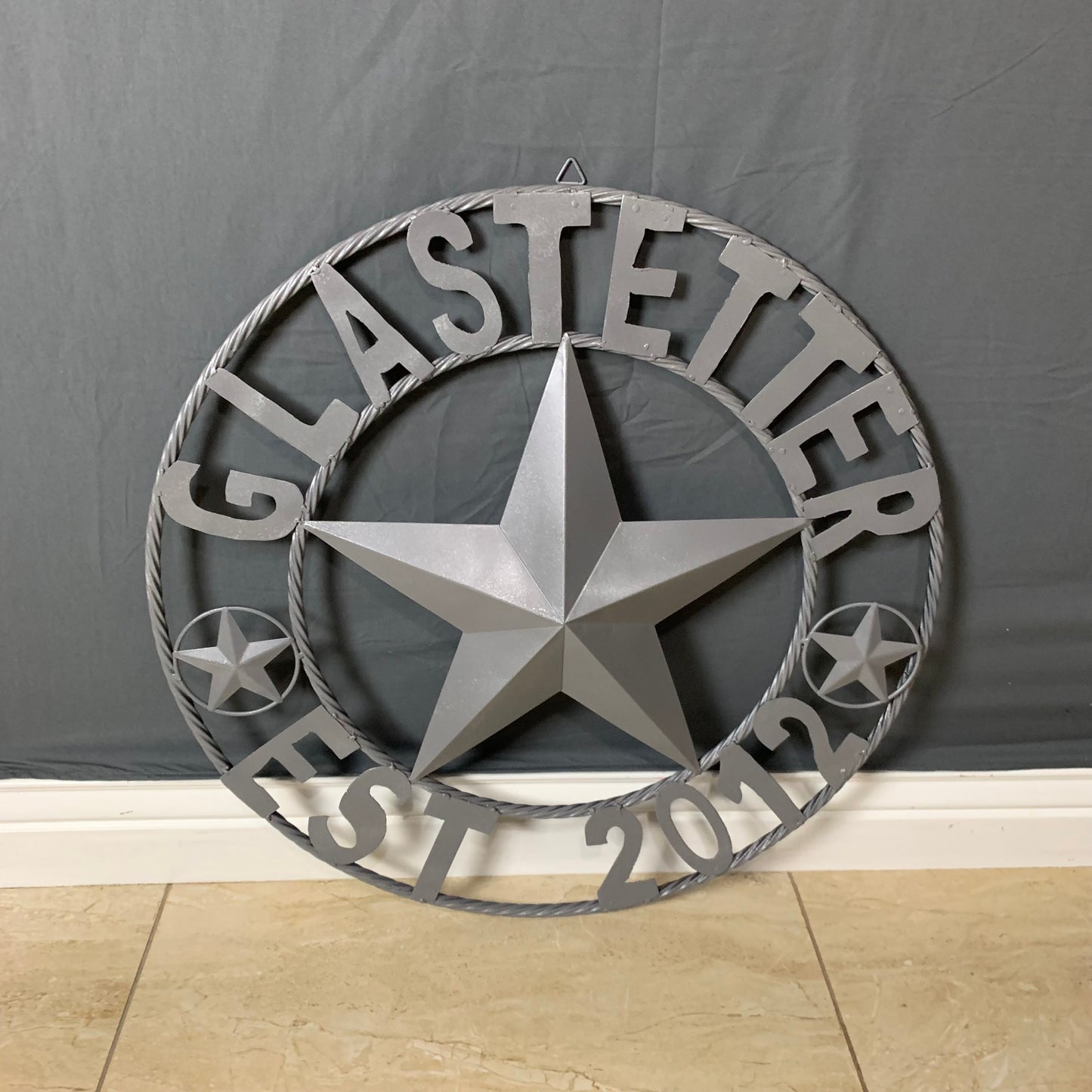 GLASTETTER STYLE YOUR CUSTOM NAME BARN STAR 3d METAL LONE STAR TWISTED ROPE RING WESTERN HOME DECOR RUSTIC GREY HANDMADE 24",32",36",50"