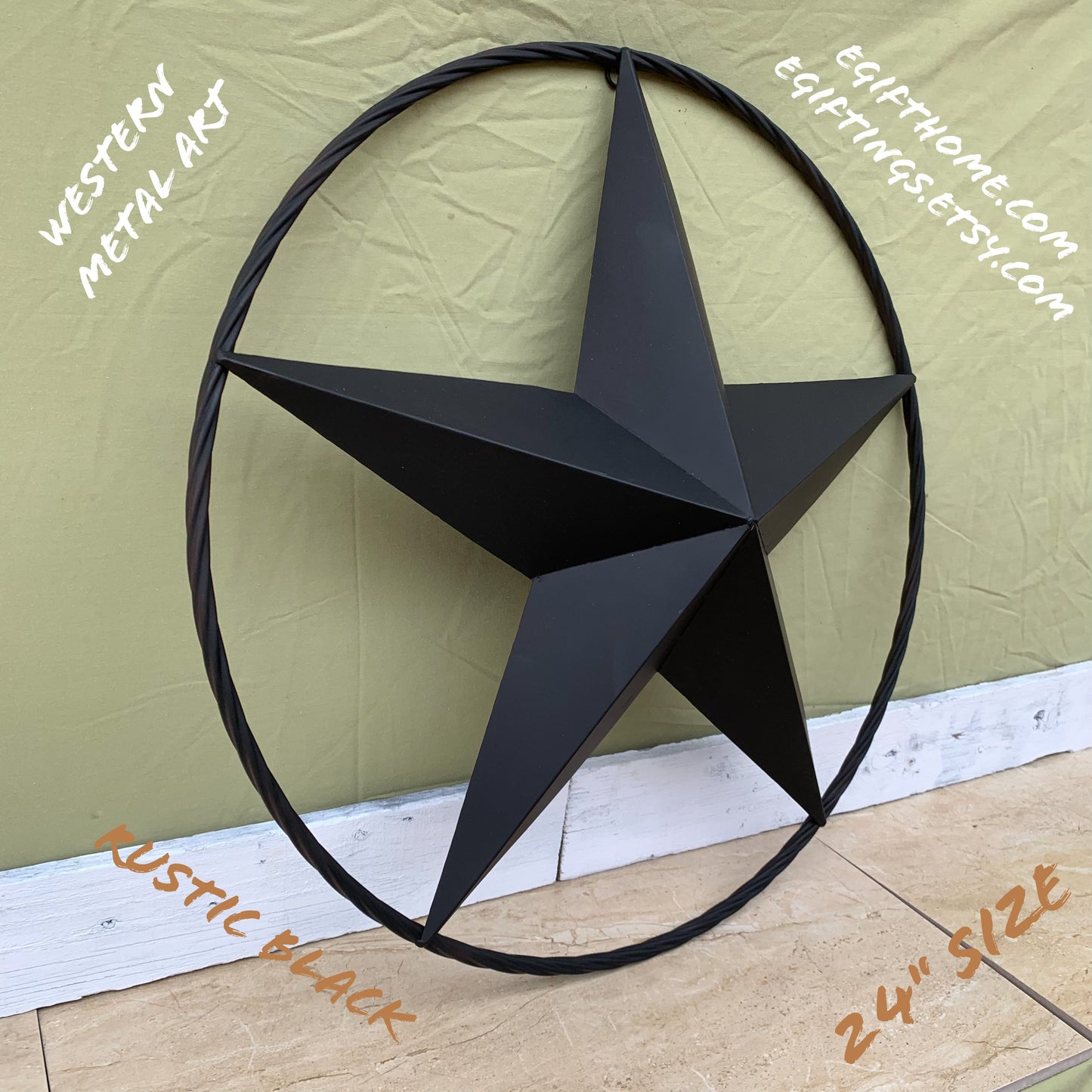 RUSTIC BLACK BARN STAR 3d TWISTED ROPE RING WESTERN HOME DECOR HANDMADE NEW 3" TO 72"-#EH10608
