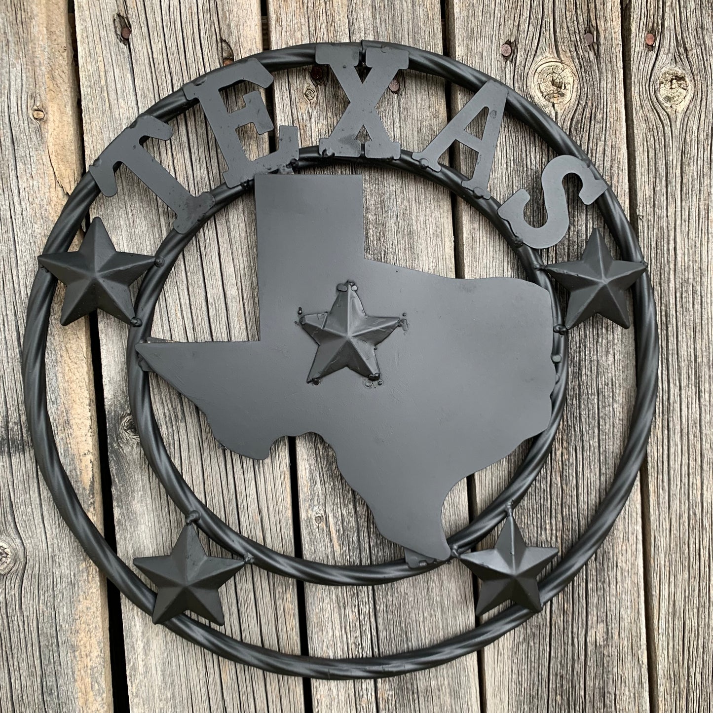 12" STATE OF TEXAS MAP RUSTIC BLACK TWISTED RING METAL SIGN WESTERN HOME DECOR HANDMADE NEW