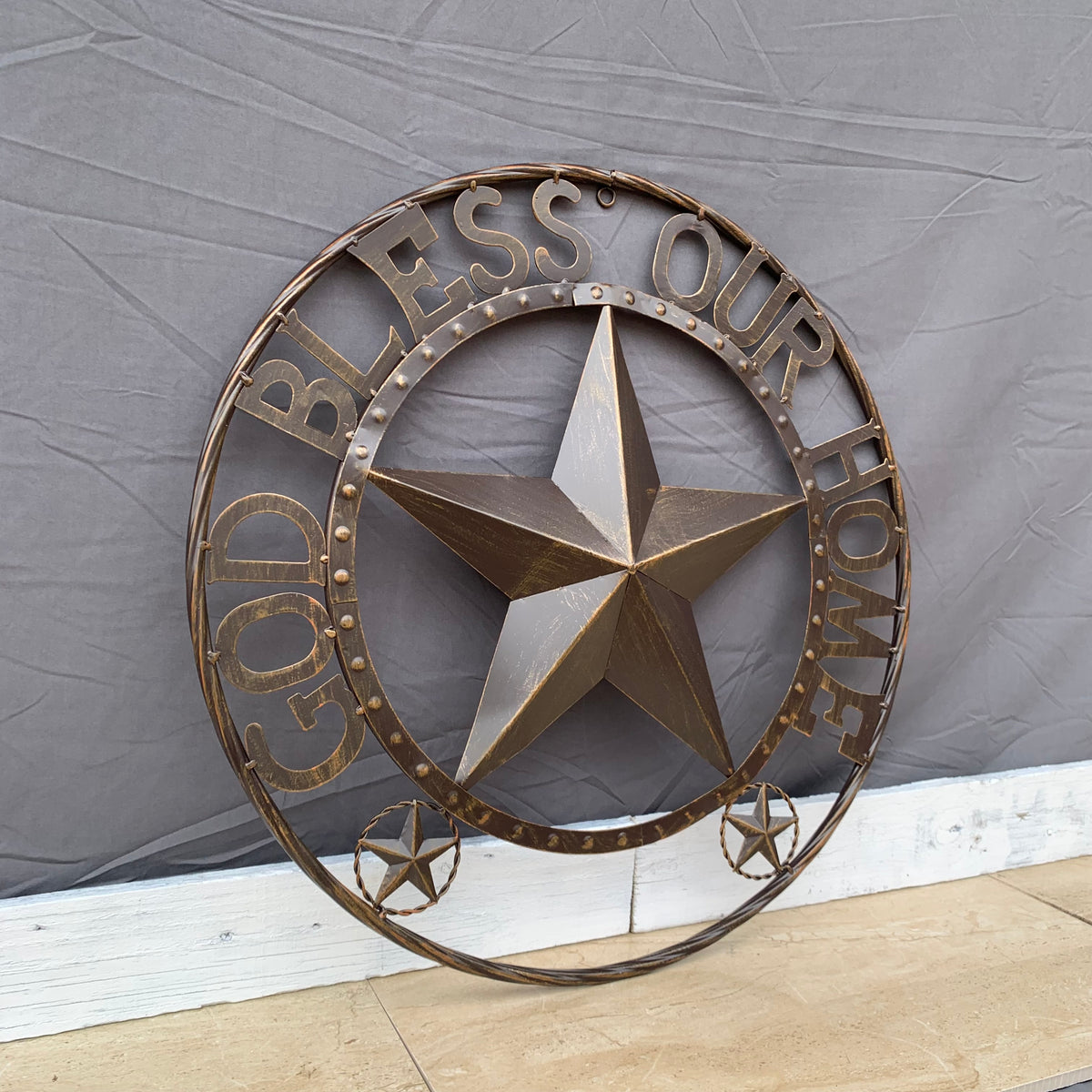 24" GOD BLESS OUR HOME BEADED STAR COLIBROX METAL TWISTED ROPE RING LONE STAR WALL ART WESTERN HOME DECOR RUSTIC DARK BRONZE COPPER HANDMADE NEW