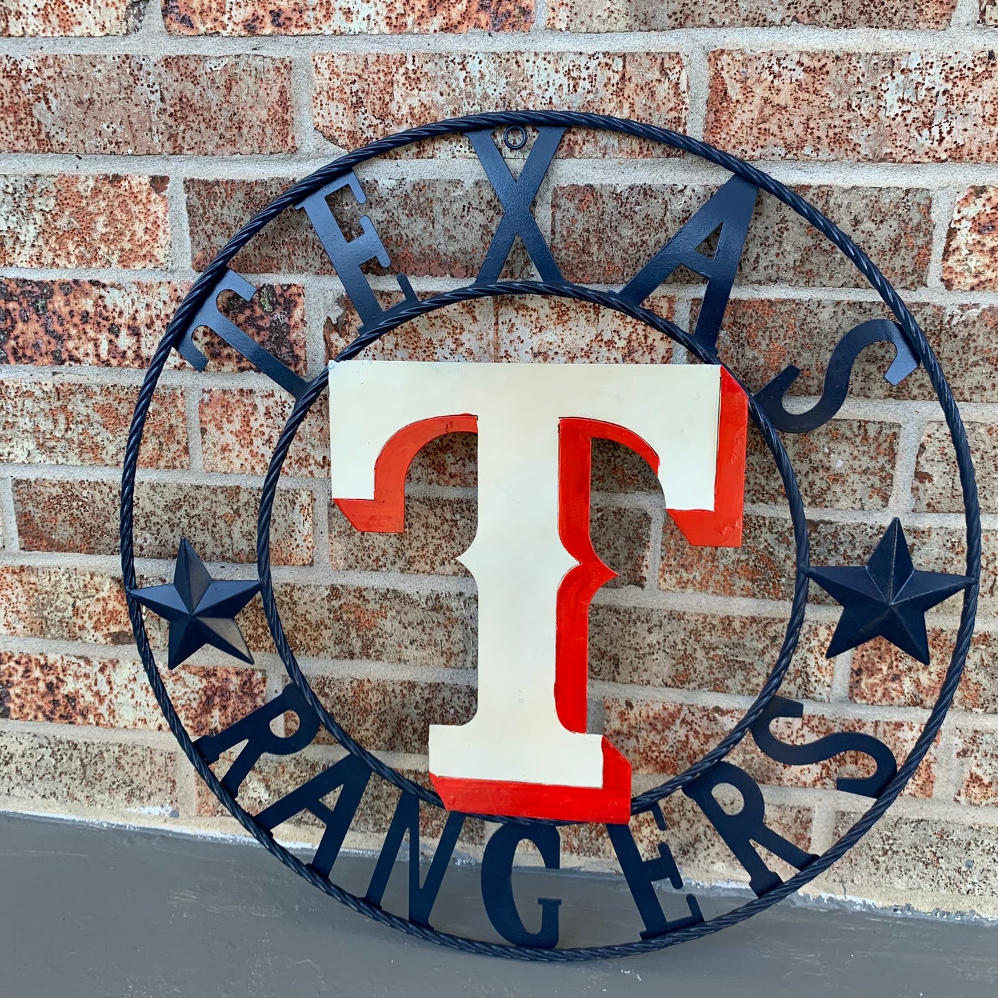 12", 18", 24", 32" TEXAS RANGERS BARN CUSTOM METAL VINTAGE CRAFT SIGN TEAM  WHITE & RED & NAVY BLUE RING & STAR HANDMADE