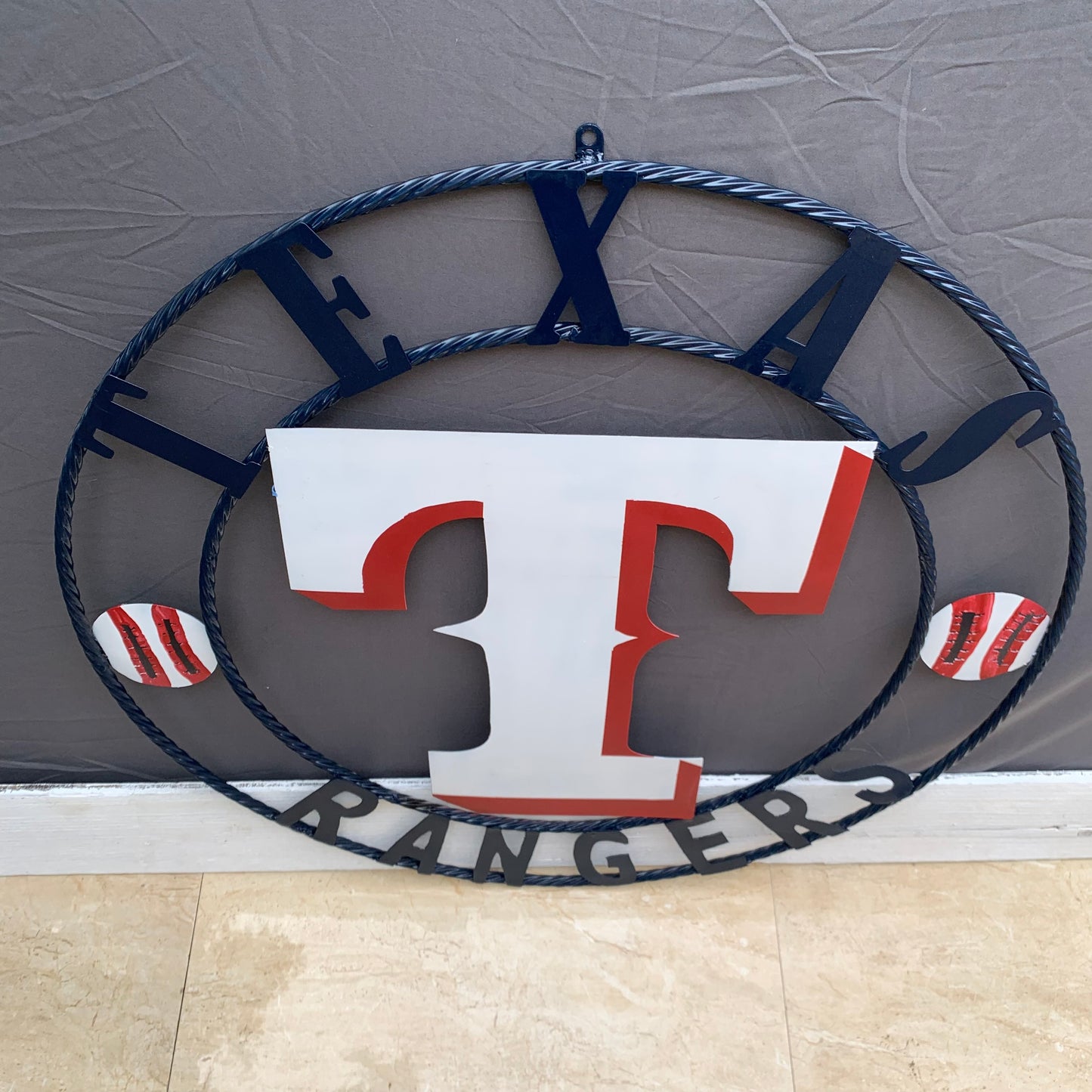 TEXAS RANGERS CUSTOM METAL VINTAGE CRAFT TEAM SIGN WHITE & RED & NAVY BLUE RING HANDMADE