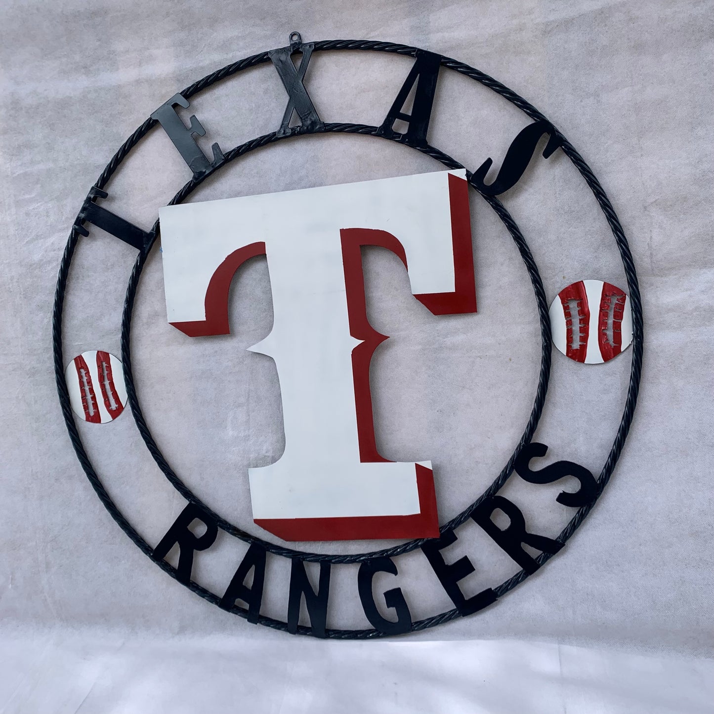 TEXAS RANGERS CUSTOM METAL VINTAGE CRAFT TEAM SIGN WHITE & RED & NAVY BLUE RING HANDMADE