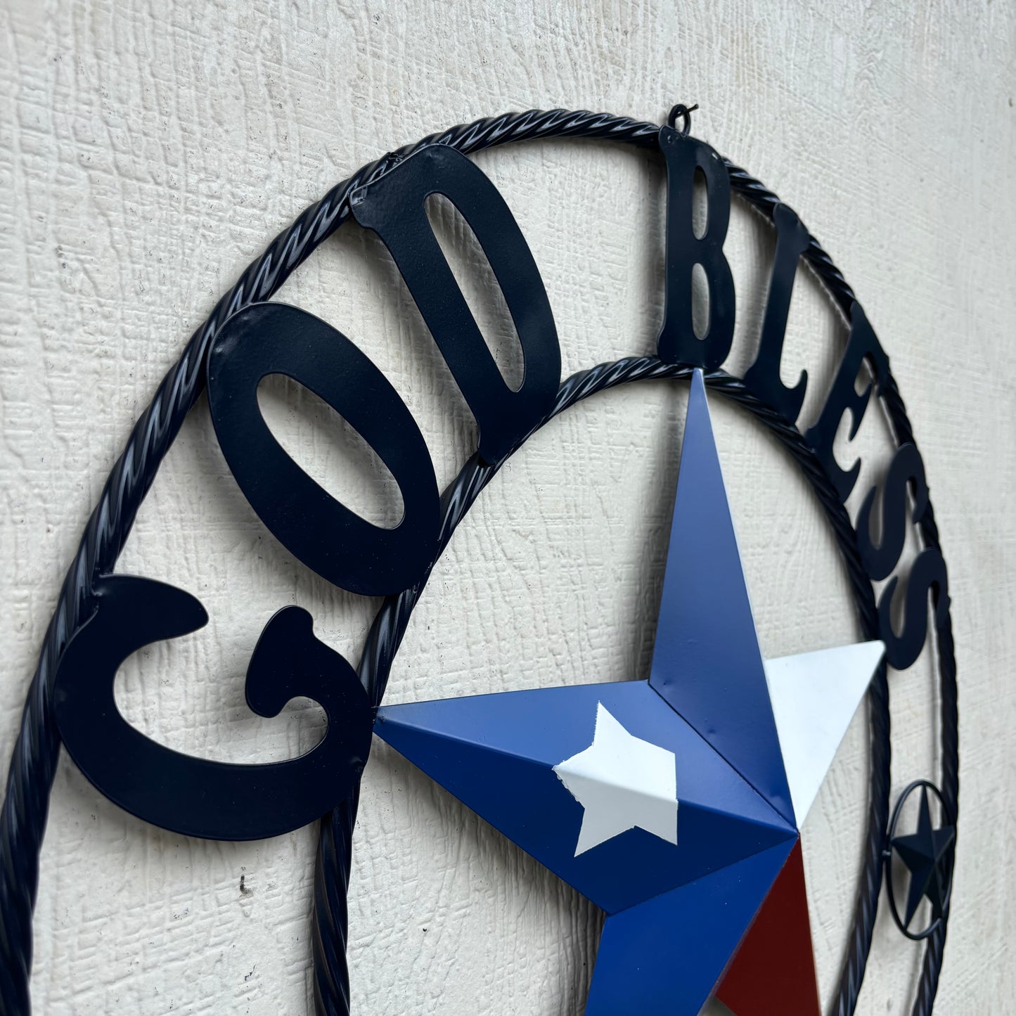 GOD BLESS TEXAS BARN STAR RED WHITE BLUE STAR WITH NAVY BLUE RING LONE STAR TWISTED ROPE RING WESTERN HOME DECOR HANDMADE