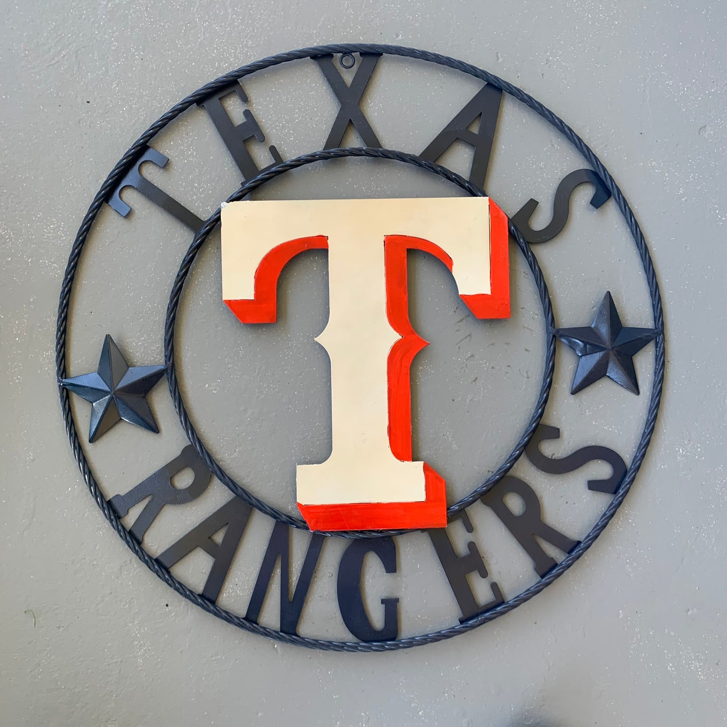 12", 18", 24", 32" TEXAS RANGERS BARN CUSTOM METAL VINTAGE CRAFT SIGN TEAM  WHITE & RED & NAVY BLUE RING & STAR HANDMADE