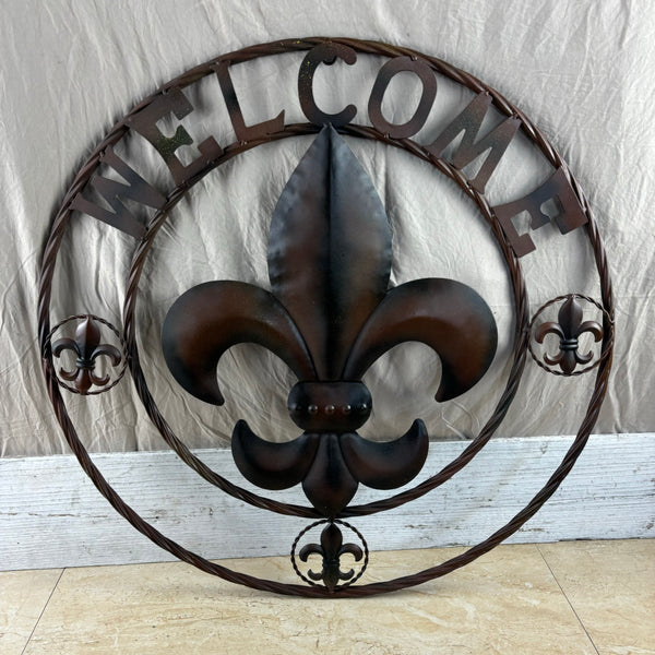 24" WELCOME FLEUR DE LIS METAL WALL ART WESTERN HOME DECOR BROWN NEW #EH11997