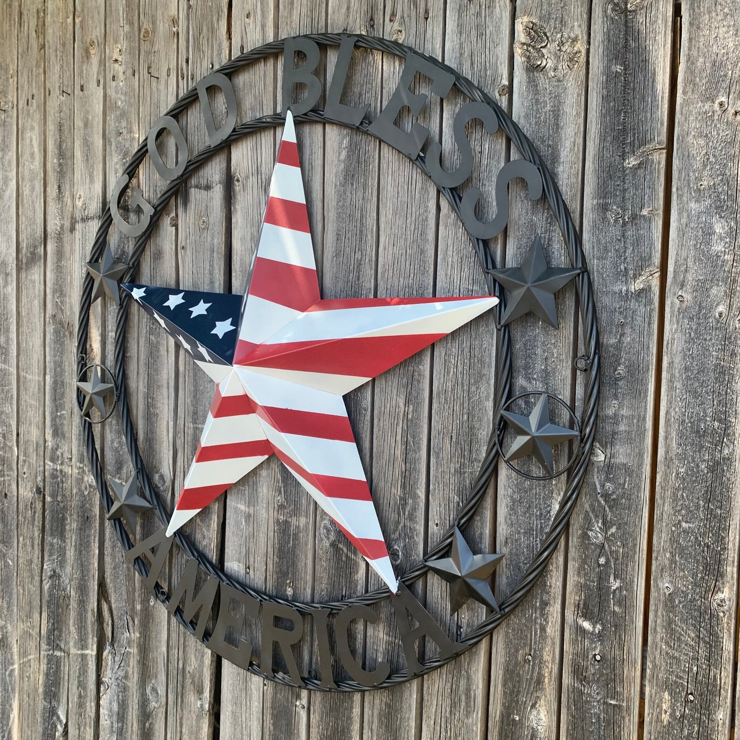 GOD BLESS AMERICA USA FLAG 3d STAR METAL BARN STAR BLACK TWISTED ROPE RING WALL ART WESTERN HOME DECOR RED WHITE & BLUE HANDMADE NEW #EH10490