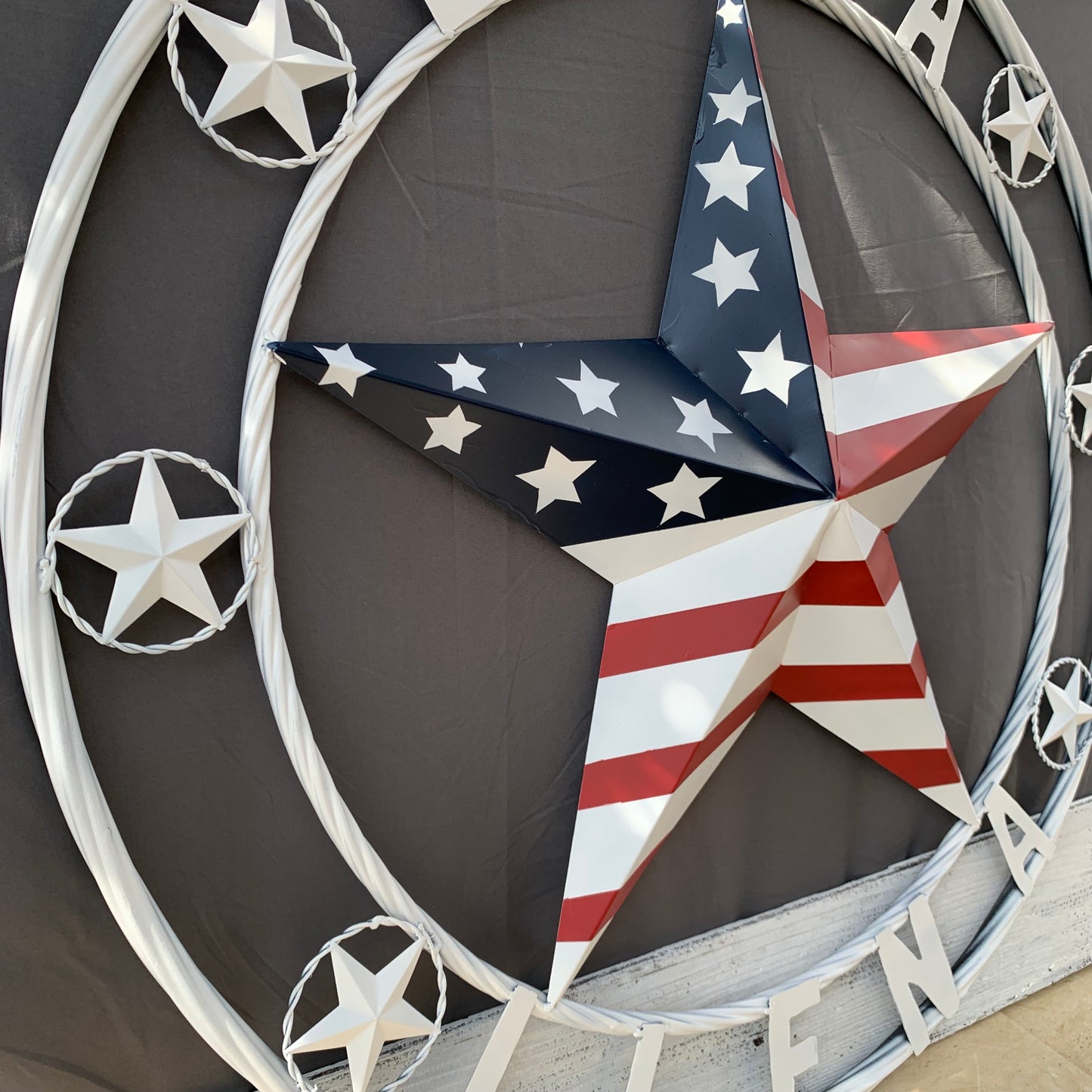 LUNA STYLE CUSTOM NAME BARN STAR METAL STAR 3d TWISTED ROPE RING WESTERN HOME DECOR USA FLAG STAR RED WHOTE & BLUE WITH WHITE RING HANDMADE 24",32",36",50"