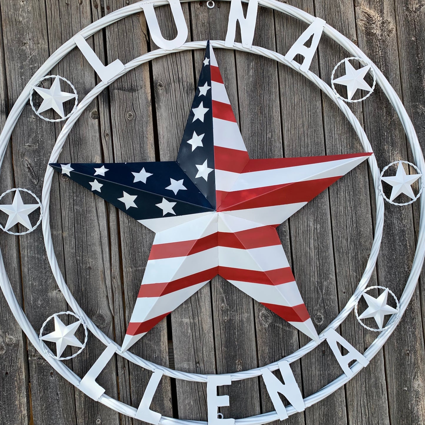 LUNA STYLE CUSTOM NAME BARN STAR METAL STAR 3d TWISTED ROPE RING WESTERN HOME DECOR USA FLAG STAR RED WHOTE & BLUE WITH WHITE RING HANDMADE 24",32",36",50"