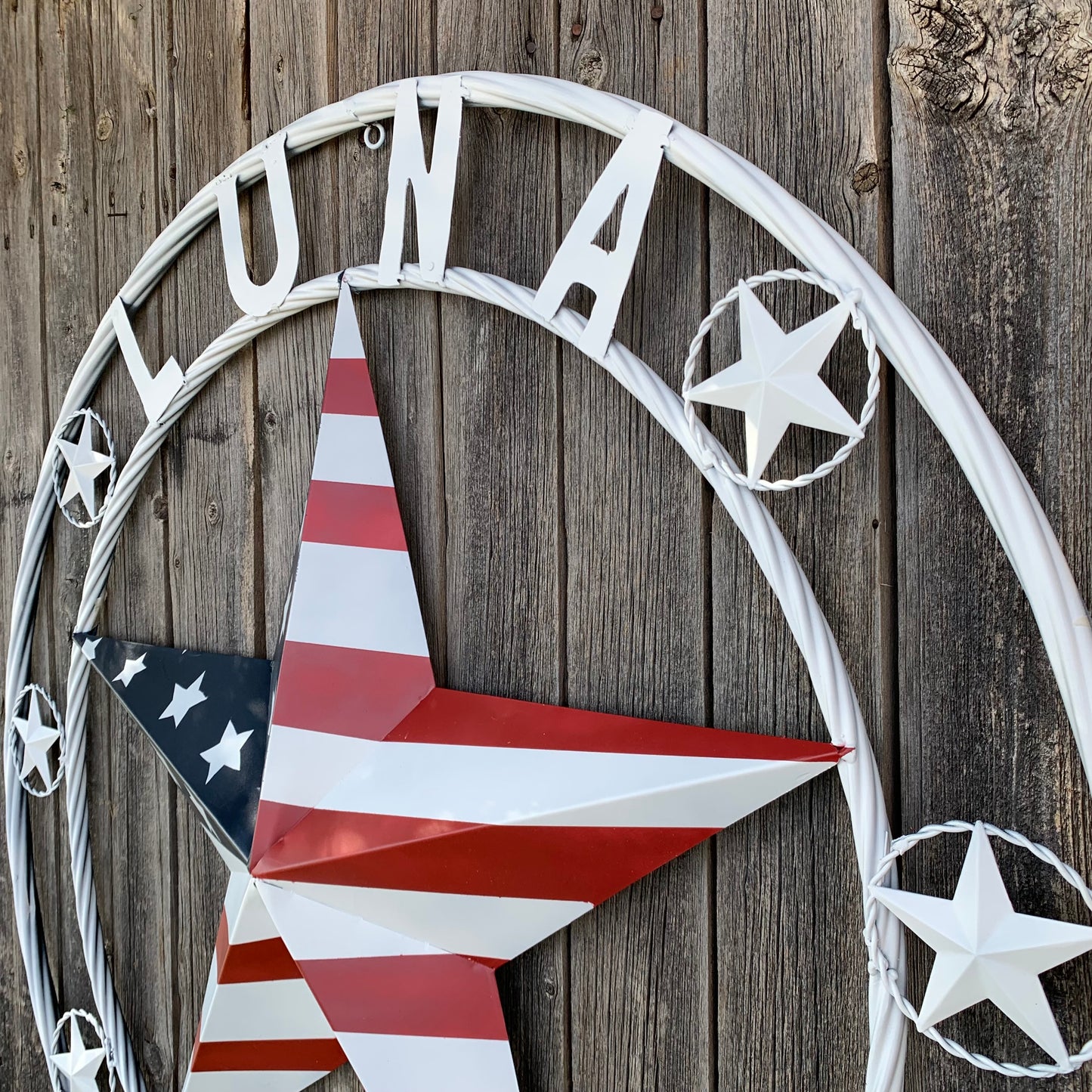 LUNA STYLE CUSTOM NAME BARN STAR METAL STAR 3d TWISTED ROPE RING WESTERN HOME DECOR USA FLAG STAR RED WHOTE & BLUE WITH WHITE RING HANDMADE 24",32",36",50"