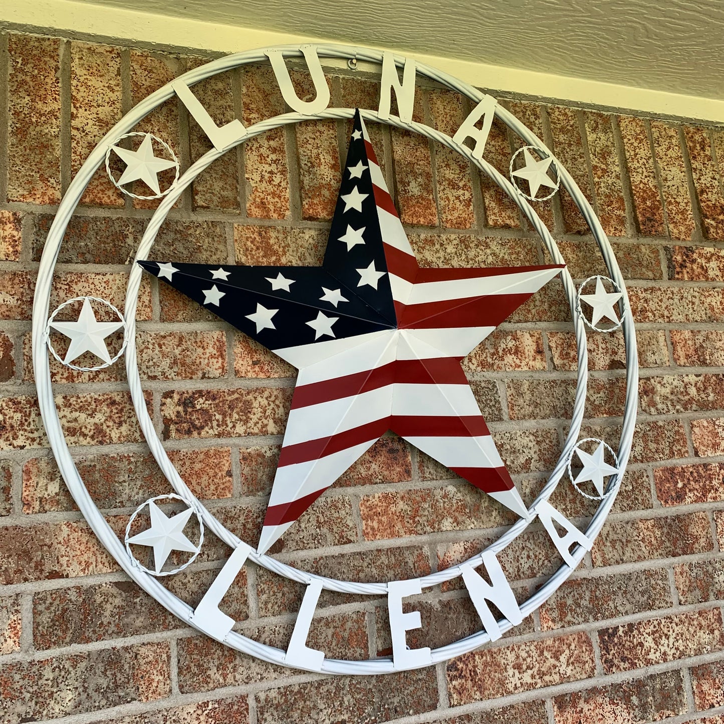 LUNA STYLE CUSTOM NAME BARN STAR METAL STAR 3d TWISTED ROPE RING WESTERN HOME DECOR USA FLAG STAR RED WHOTE & BLUE WITH WHITE RING HANDMADE 24",32",36",50"