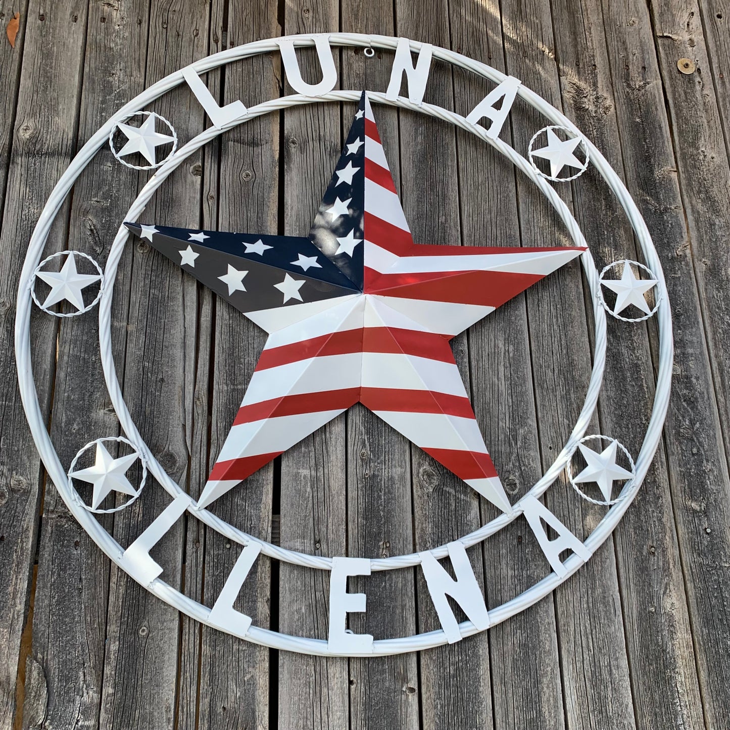 LUNA STYLE CUSTOM NAME BARN STAR METAL STAR 3d TWISTED ROPE RING WESTERN HOME DECOR USA FLAG STAR RED WHOTE & BLUE WITH WHITE RING HANDMADE 24",32",36",50"