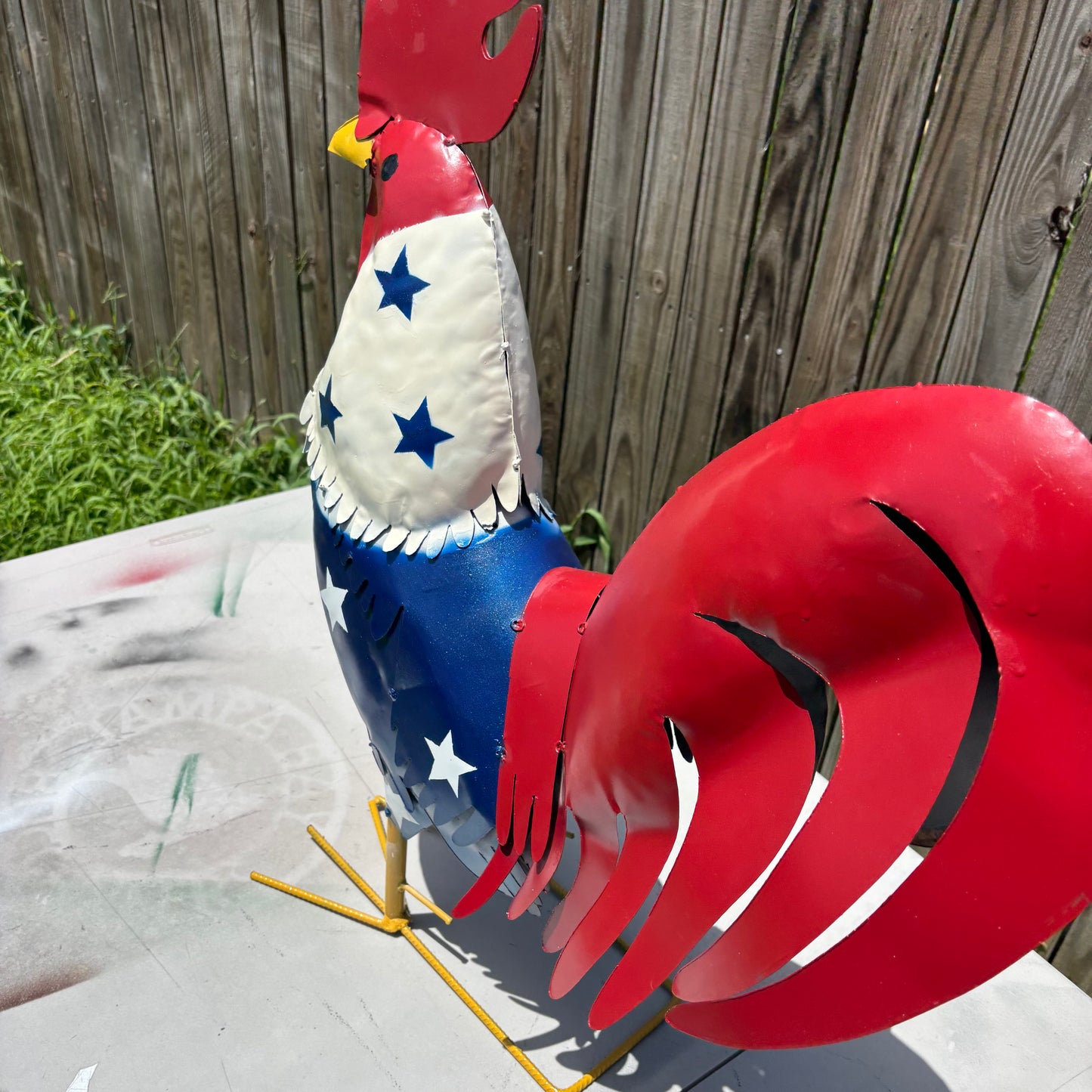 USA FLAG ROOSTER AMERICAN RED WHITE BLUE PATRIOTIC GARDEN METAL SCULPTURE WESTERN HOME DECOR ORNAMENT HANDMADE #34-003