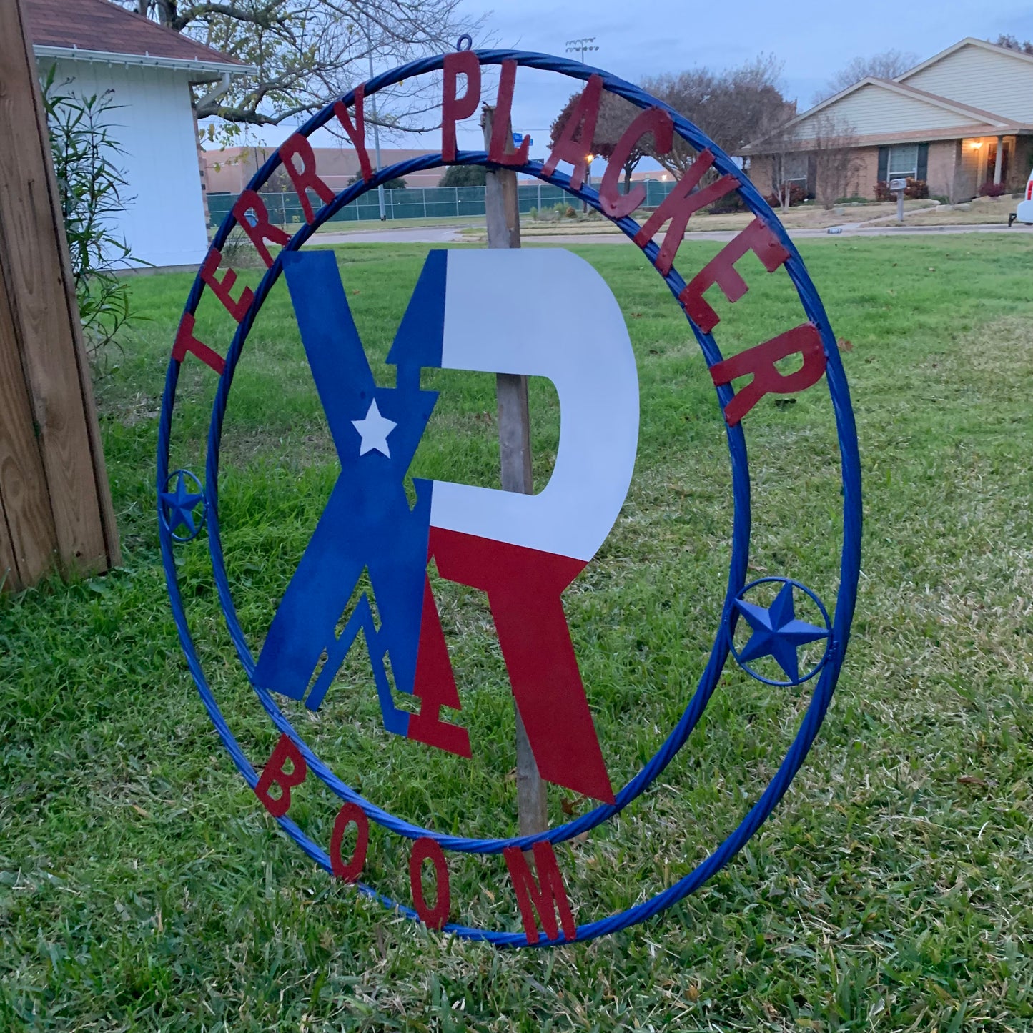 #EH11299 CUSTOM NAME XR ROOFING STYLE SIGN RED,WHITE & BLUE TEXAS FLAG LOGO HANDMADE