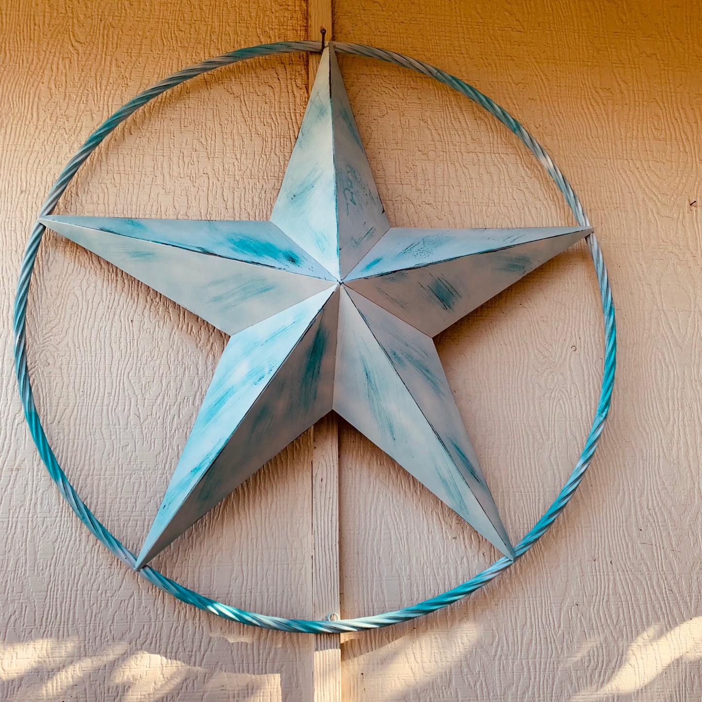 #EH11219 TURQUOISE WHITE DISTRESSED STAR TWO TONE TEXTURE BARN STAR METAL LONESTAR TWISTED ROPE RING WESTERN HOME DECOR HANDMADE NEW