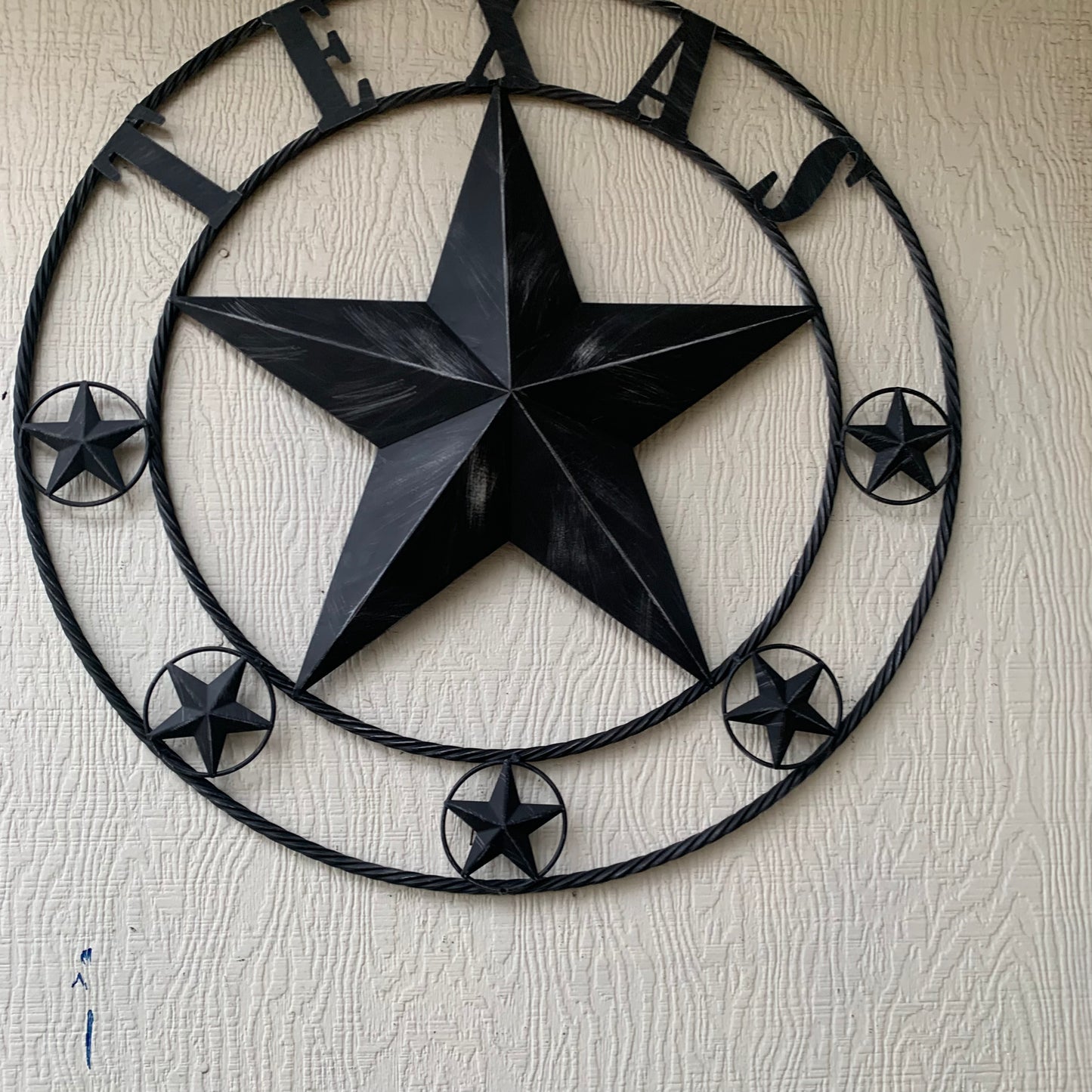 TEXAS BLACK DISTRESSED STAR TWO TONE TEXTURE BARN STAR METAL LONESTAR TWISTED ROPE RING WESTERN HOME DECOR HANDMADE NEW