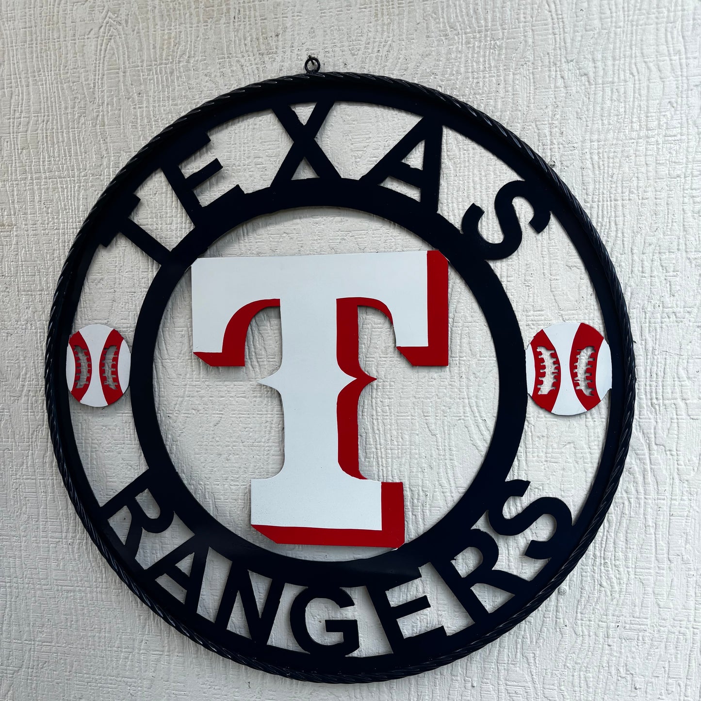 TEXAS RANGERS CUSTOM METAL VINTAGE CRAFT TEAM SIGN WHITE & RED & NAVY BLUE RING HANDMADE