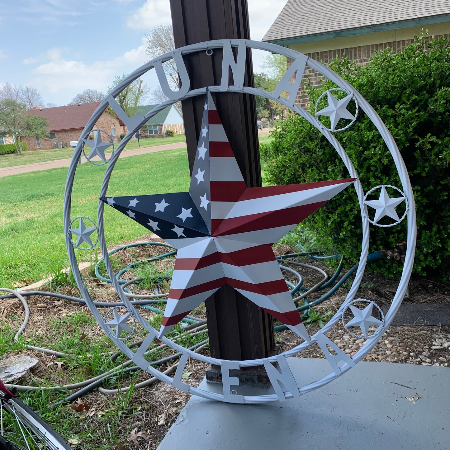 LUNA STYLE CUSTOM NAME BARN STAR METAL STAR 3d TWISTED ROPE RING WESTERN HOME DECOR USA FLAG STAR RED WHOTE & BLUE WITH WHITE RING HANDMADE 24",32",36",50"