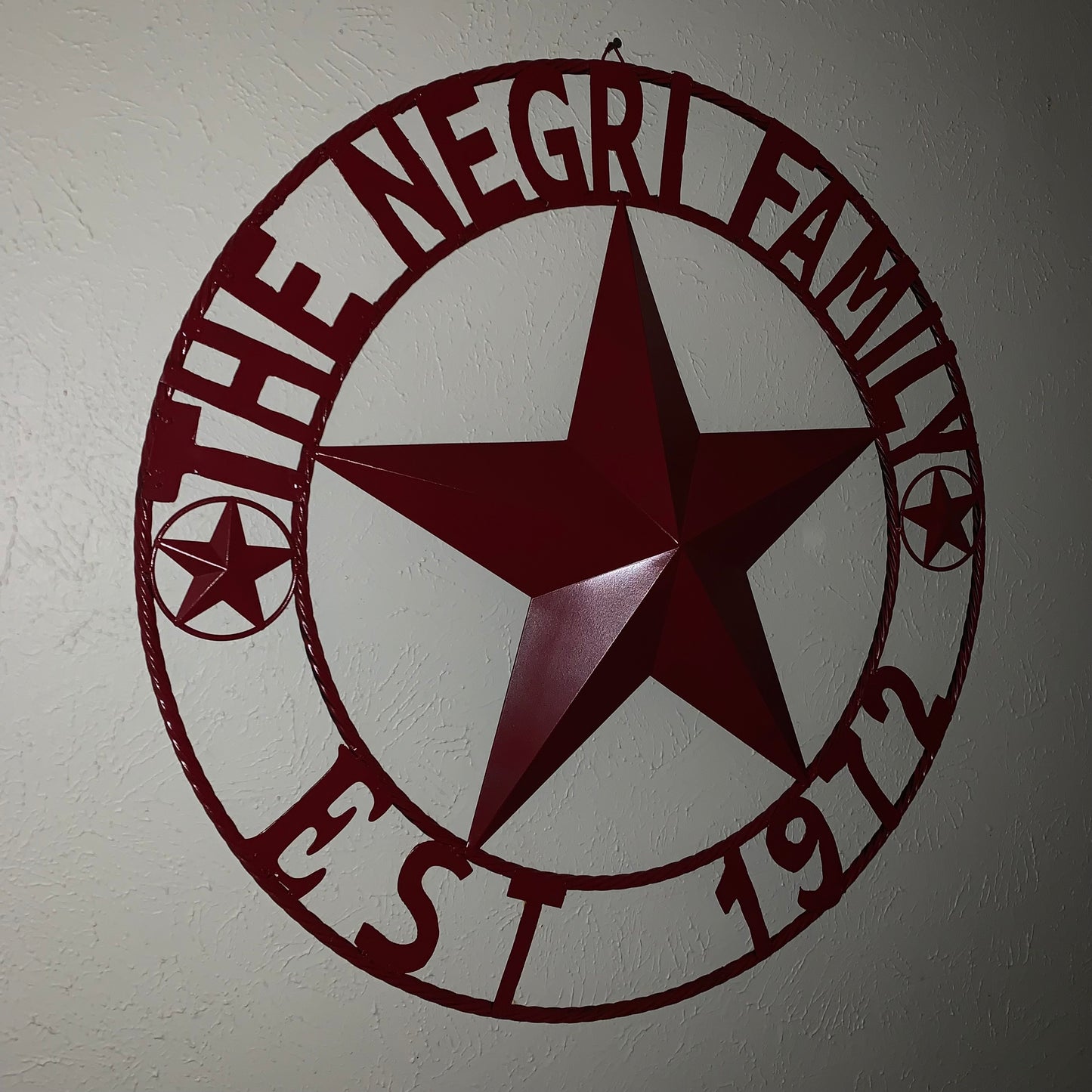 NEGRI FAMILY STYLE YOUR CUSTOM NAME STAR BARN STAR METAL LONE STAR WESTERN HOME DECOR RUSTIC BURGUNDY RED HANDMADE 24",32",36",50"
