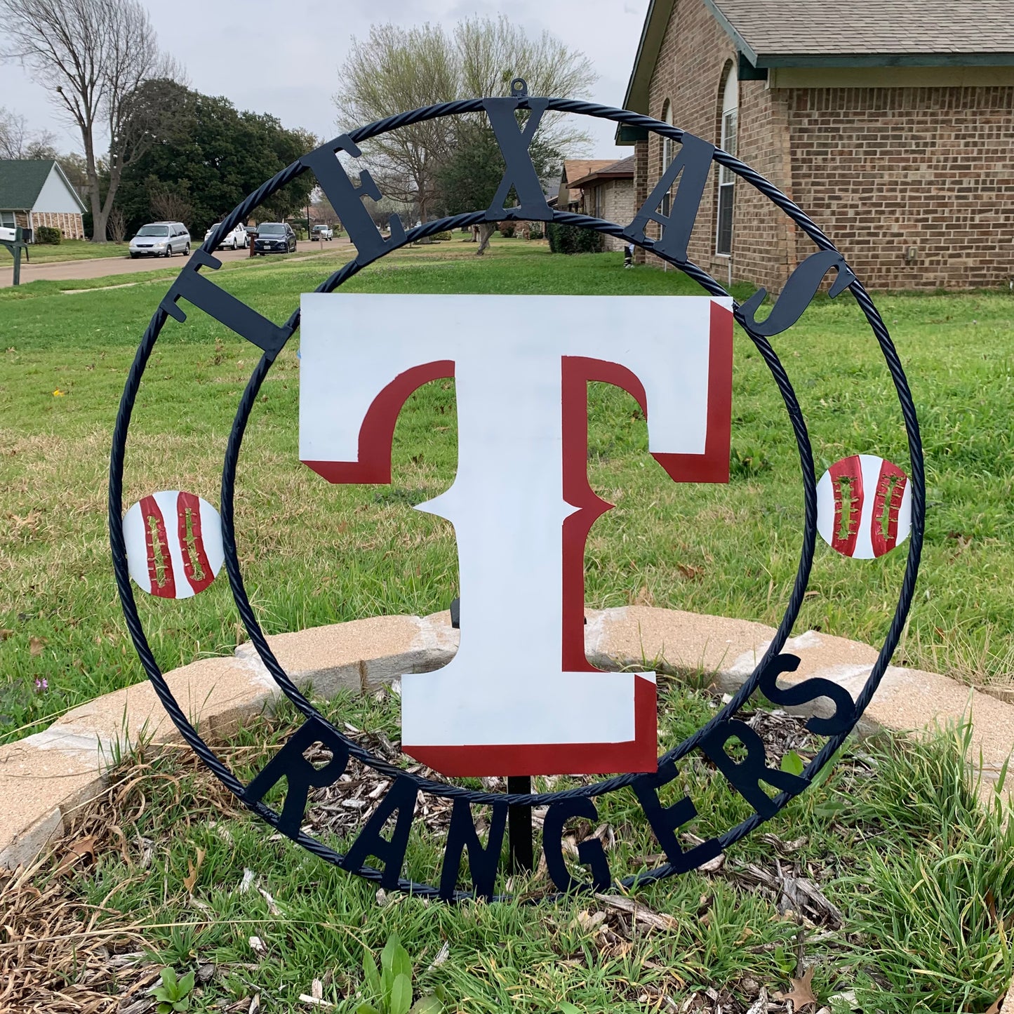 TEXAS RANGERS CUSTOM METAL VINTAGE CRAFT TEAM SIGN WHITE & RED & NAVY BLUE RING HANDMADE