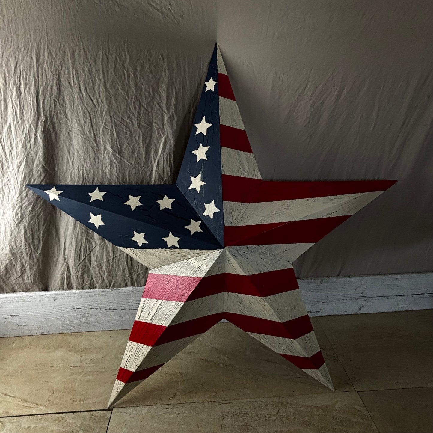 USA FLAG STAR CRACKLE RED IVORY NAVY BLUE METAL BARN STAR METAL WALL ART WESTERN HOME DECOR HANDMADE NEW