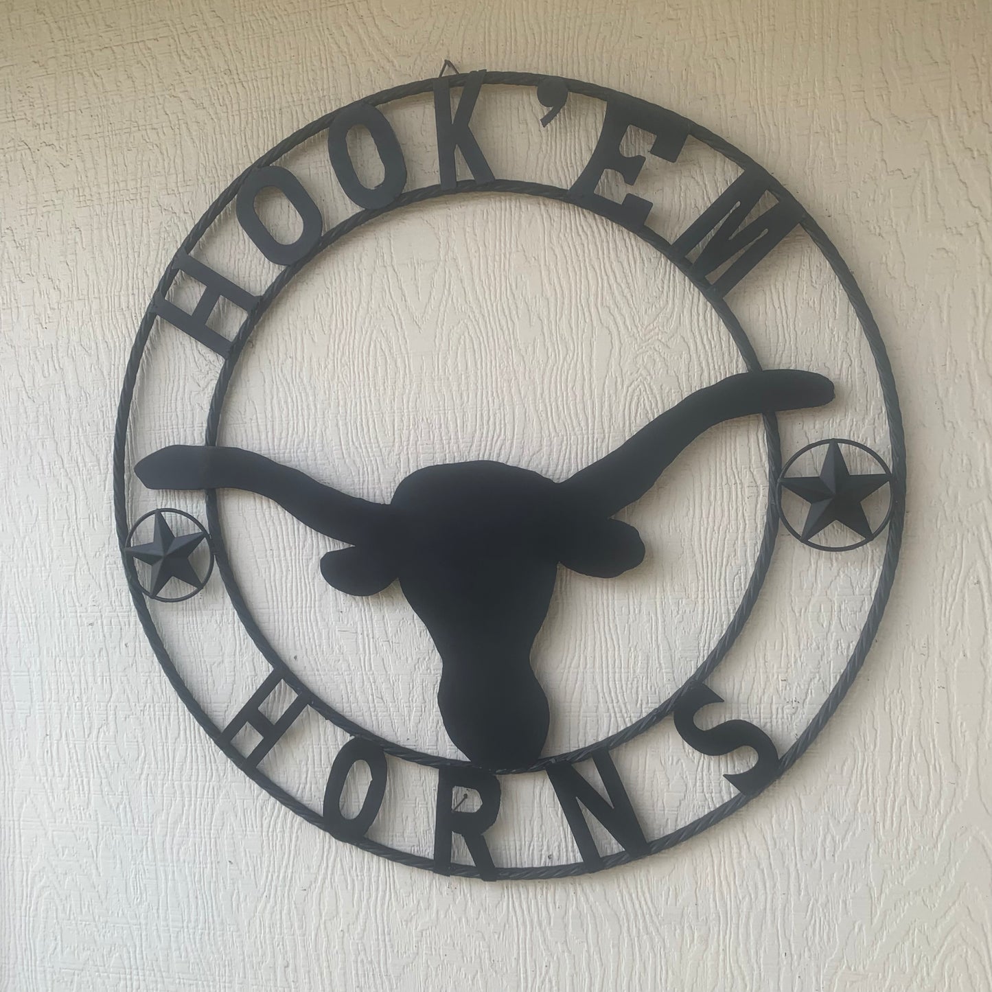 HOOKEM HORNS WITH LONE STAR TEXAS LONGHORNS HOOK EM BLACK METAL CUSTOM VINTAGE CRAFT WALL ART TEAM SIGN HANDMADE