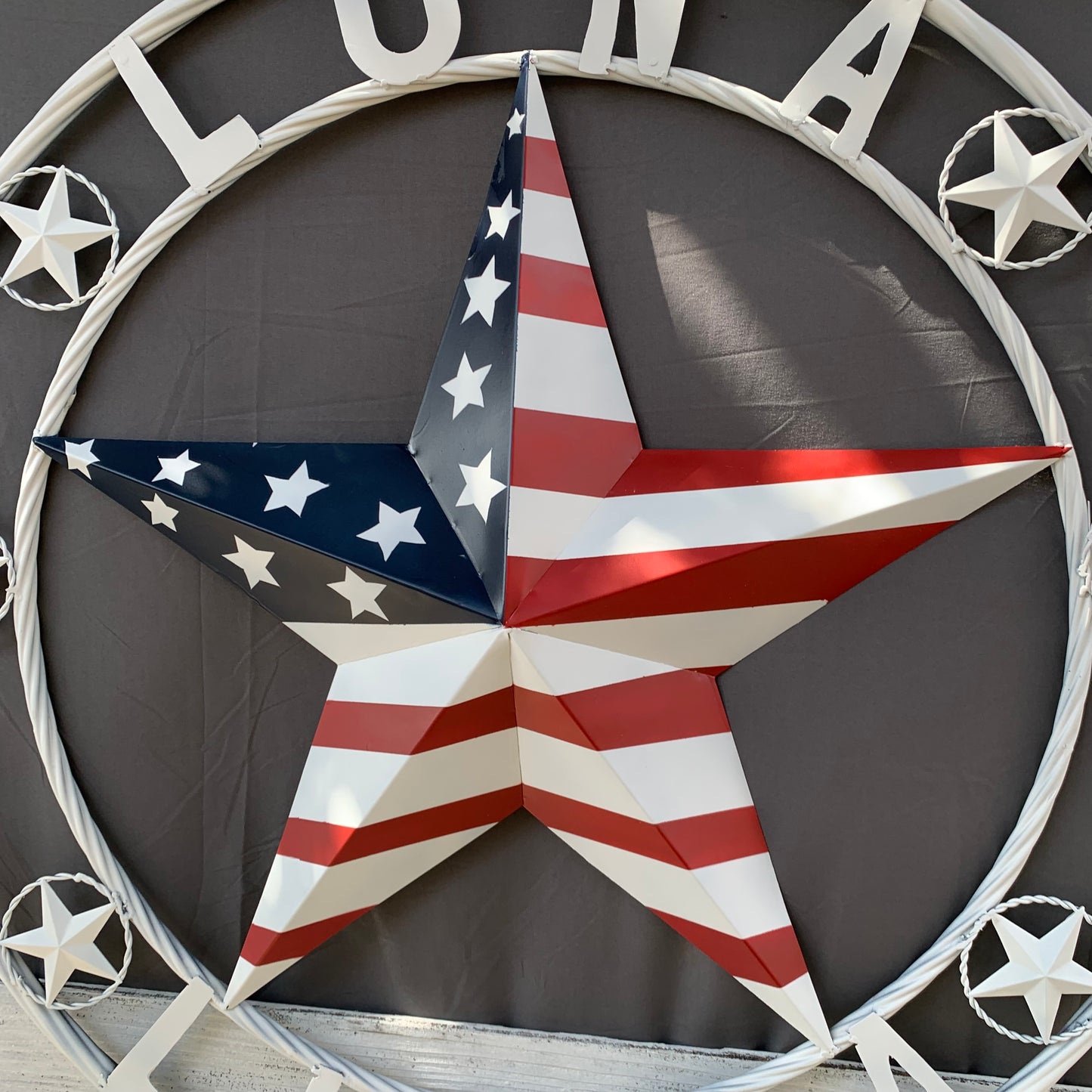 LUNA STYLE CUSTOM NAME BARN STAR METAL STAR 3d TWISTED ROPE RING WESTERN HOME DECOR USA FLAG STAR RED WHOTE & BLUE WITH WHITE RING HANDMADE 24",32",36",50"