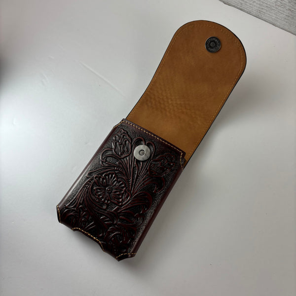 7" PLAIN FLORAL LEATHER HOLSTER BROWN STAR POUCH EXTRA LARGE  BELT LOOP CELL PHONE CASE UNIVERSAL OVERSIZE