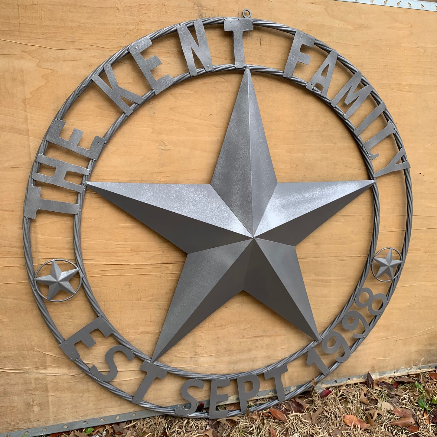 KENT STYLE CUSTOM STAR NAME BARN METAL STAR 3d TWISTED ROPE RING WESTERN HOME DECOR RUSTIC GREY SILVER HANDMADE 24",32",36",50"