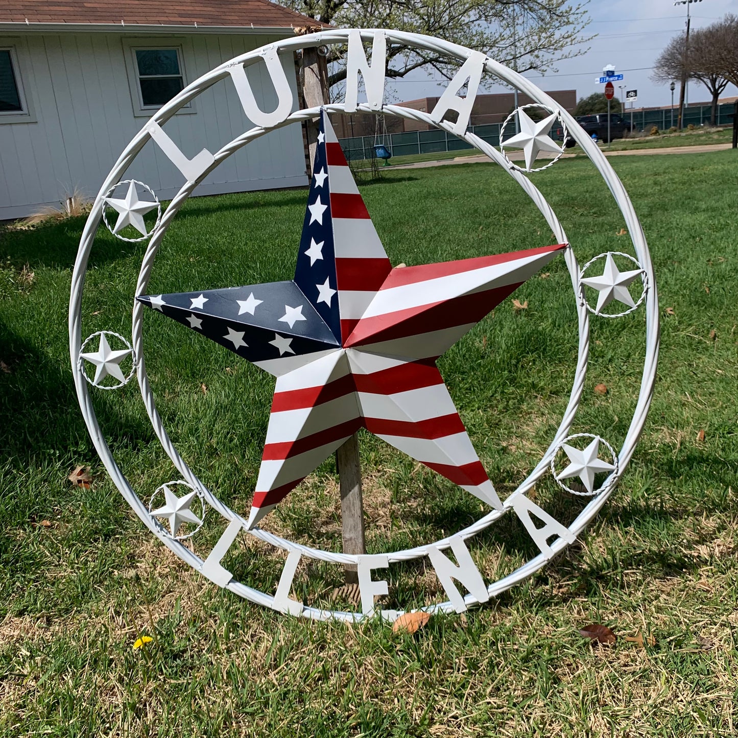LUNA STYLE CUSTOM NAME BARN STAR METAL STAR 3d TWISTED ROPE RING WESTERN HOME DECOR USA FLAG STAR RED WHOTE & BLUE WITH WHITE RING HANDMADE 24",32",36",50"