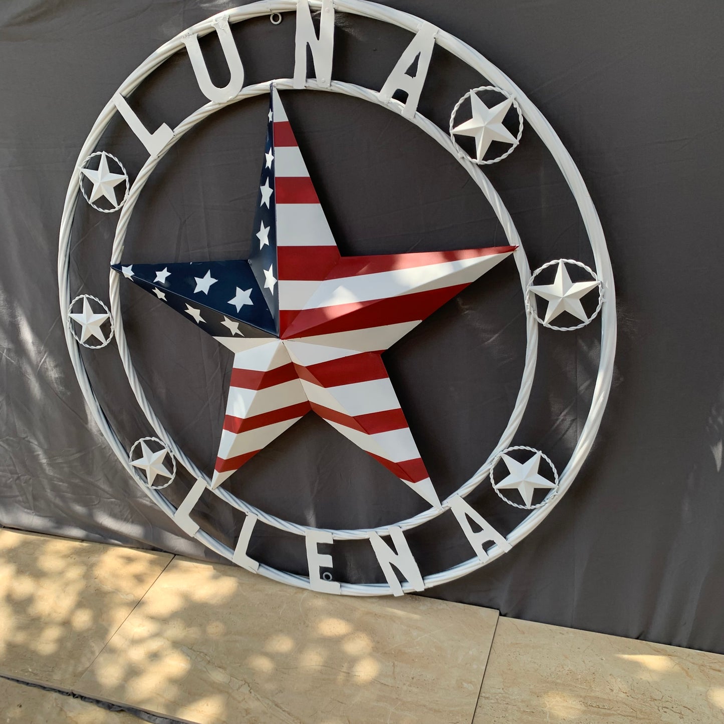 LUNA STYLE CUSTOM NAME BARN STAR METAL STAR 3d TWISTED ROPE RING WESTERN HOME DECOR USA FLAG STAR RED WHOTE & BLUE WITH WHITE RING HANDMADE 24",32",36",50"
