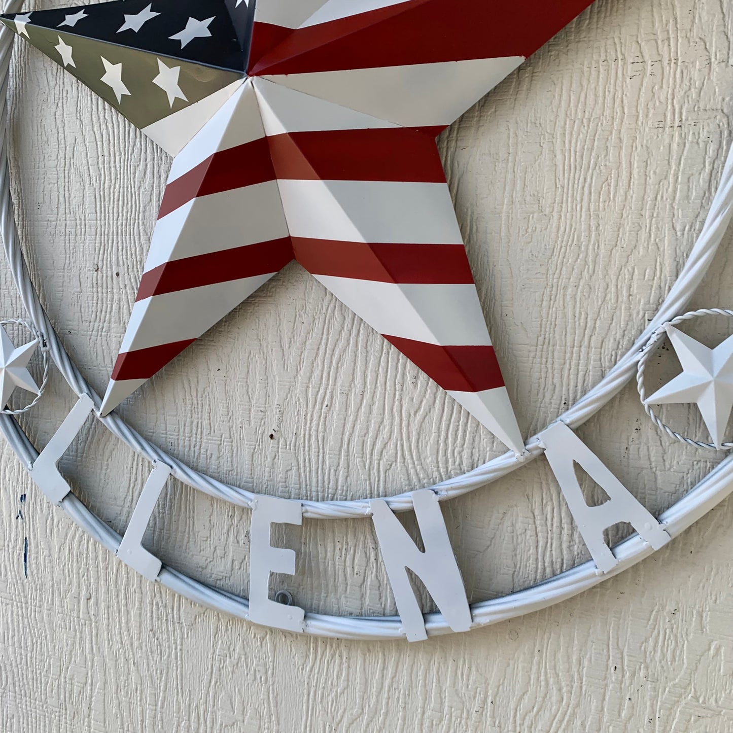 LUNA STYLE CUSTOM NAME BARN STAR METAL STAR 3d TWISTED ROPE RING WESTERN HOME DECOR USA FLAG STAR RED WHOTE & BLUE WITH WHITE RING HANDMADE 24",32",36",50"