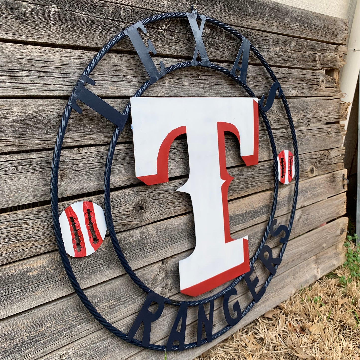 TEXAS RANGERS CUSTOM METAL VINTAGE CRAFT TEAM SIGN WHITE & RED & NAVY BLUE RING HANDMADE