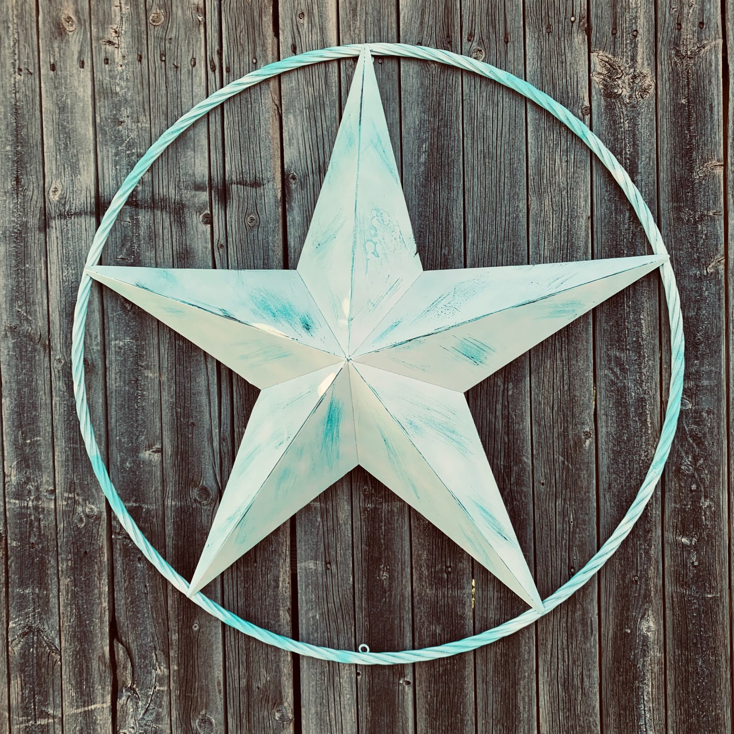 #EH11219 TURQUOISE WHITE DISTRESSED STAR TWO TONE TEXTURE BARN STAR METAL LONESTAR TWISTED ROPE RING WESTERN HOME DECOR HANDMADE NEW