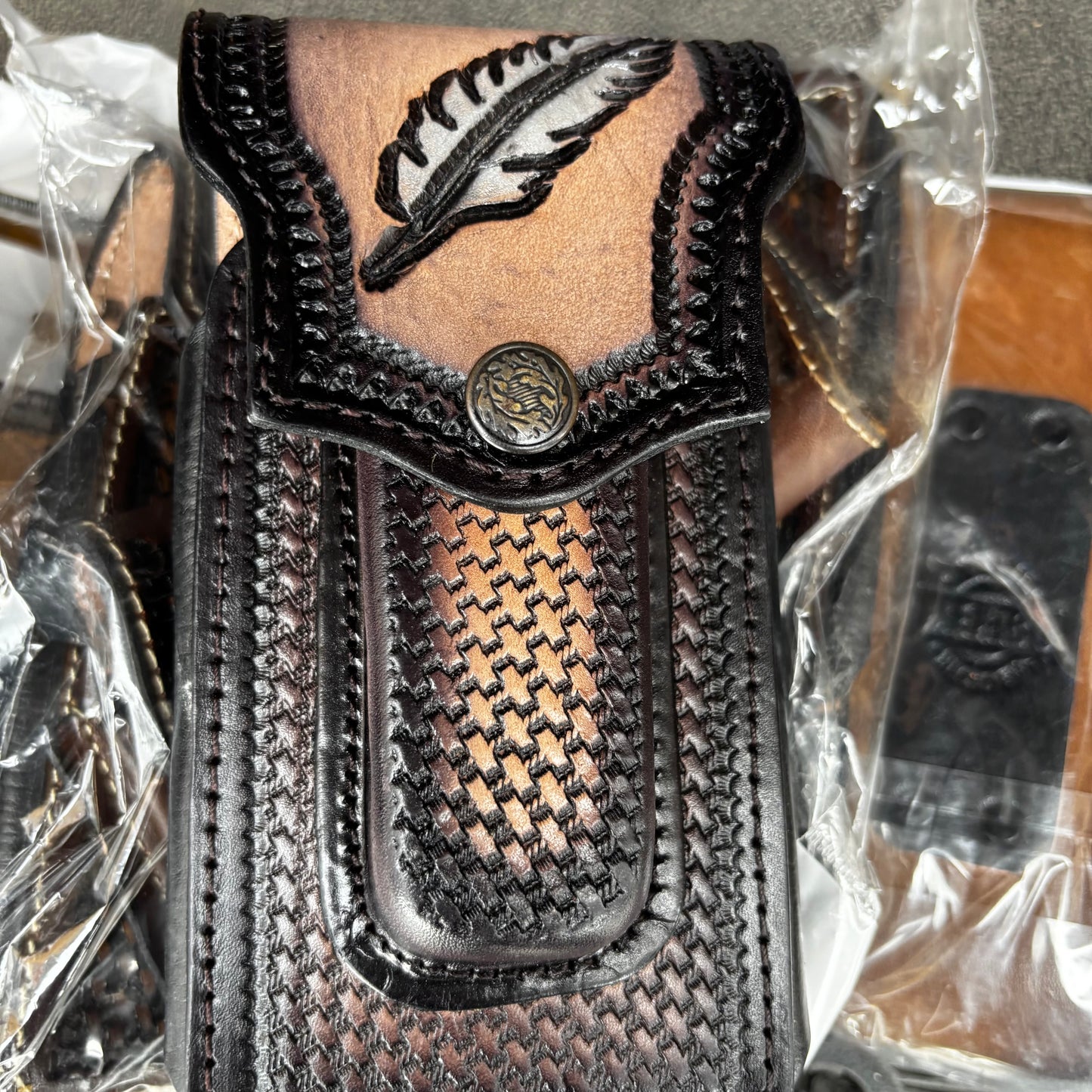 LEAF LEATHER HOLSTER 7" PHONE POUCH WITH KNIFE HOLDER FRONT EXTRA LARGE  BELT LOOP CELL PHONE CASE UNIVERSAL OVERSIZE MEXICO MADE #EH