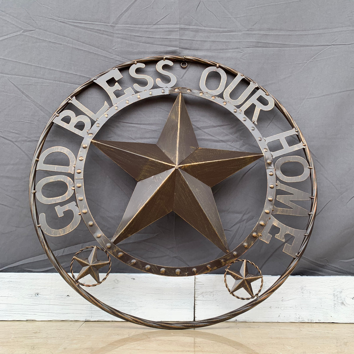 24" GOD BLESS OUR HOME BEADED STAR COLIBROX METAL TWISTED ROPE RING LONE STAR WALL ART WESTERN HOME DECOR RUSTIC DARK BRONZE COPPER HANDMADE NEW