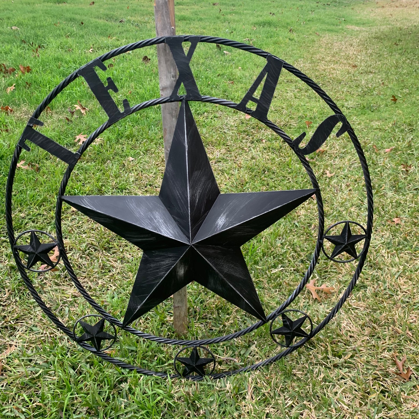 TEXAS BLACK DISTRESSED STAR TWO TONE TEXTURE BARN STAR METAL LONESTAR TWISTED ROPE RING WESTERN HOME DECOR HANDMADE NEW